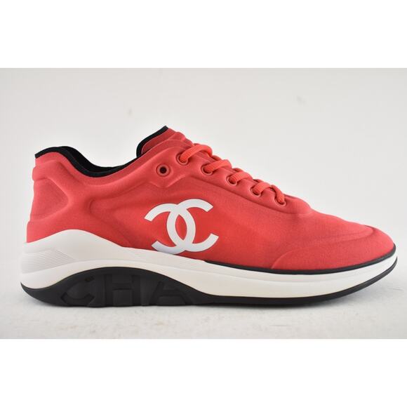 Chanel Mens 19P Red Lycra White Black CC Logo Lace Low Top Trainer Sneaker 41 8 - Picture 2 of 12